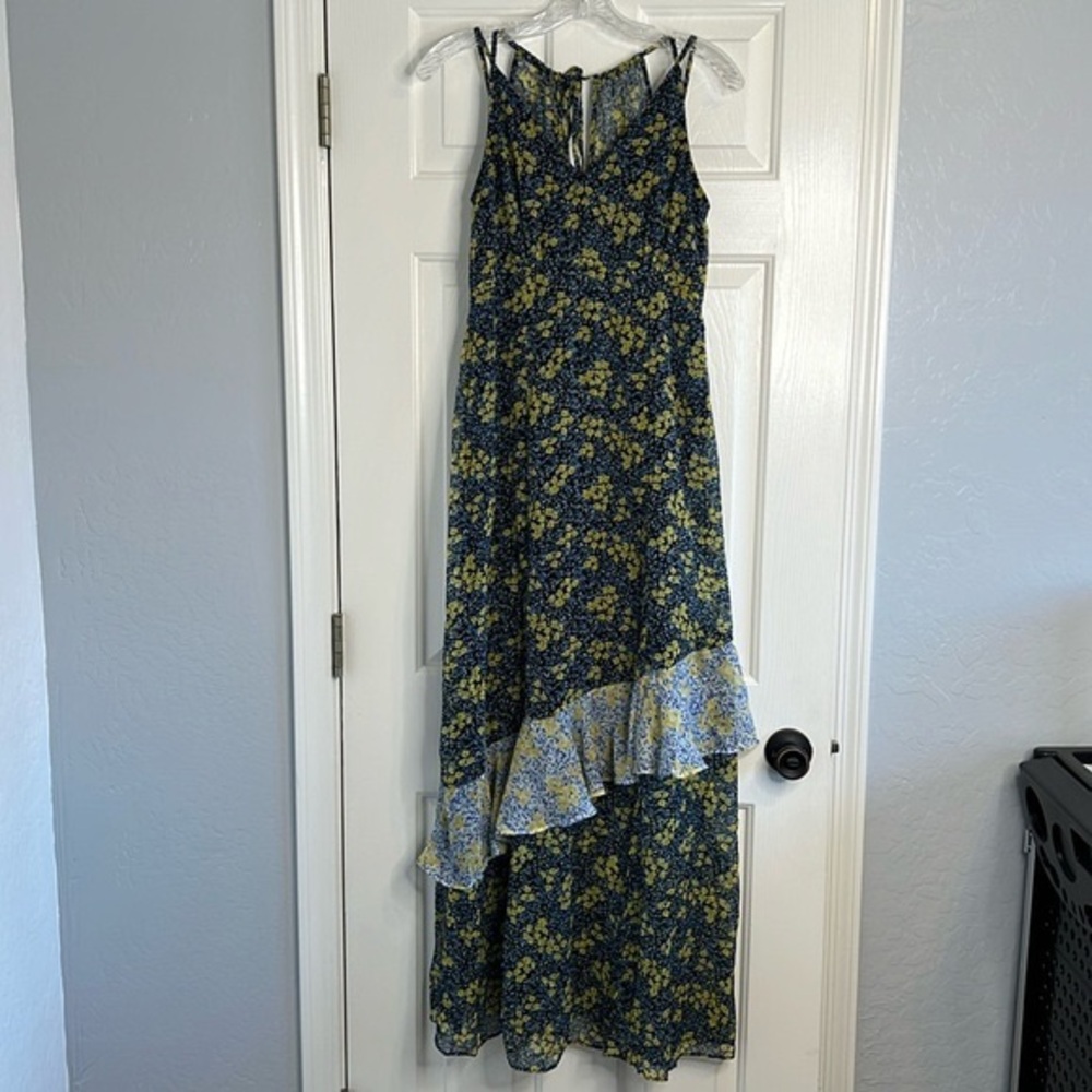 Pea In The Pod maternity navy floral maxi dress flowy with contrast ruffle XS